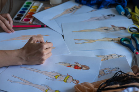 Faceless woman draws sketches of swimwear. Close-up of the hands of a fashion designer.