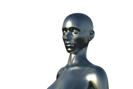 3d illustration of a female bald silver head on a white background. Metal mannequin.の写真素材