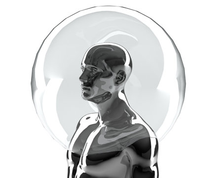 3D illustration of a male silver torso on a white background. Metal mannequin in security bubble.の写真素材