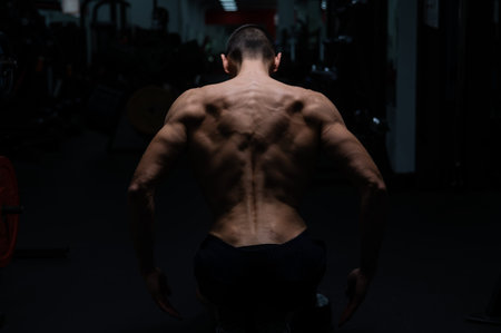 Back view of shirtless man with sculpted body in gym.の写真素材