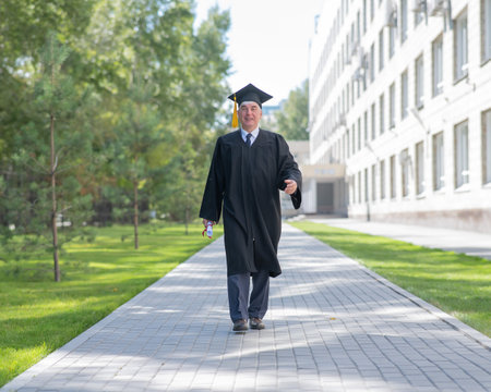 An old man in a graduation gown walks outdoors and holds a diploma.の写真素材