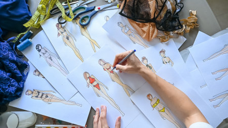 Faceless woman draws sketches of swimwear with a pencil. Top view of the hands of a fashion...