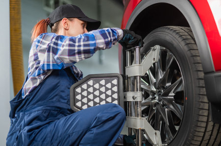 A female auto mechanic makes a camber. Woman working in a car service.の写真素材