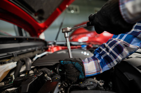 Female auto mechanic unscrewing a nut to replace a car spark plug.の写真素材