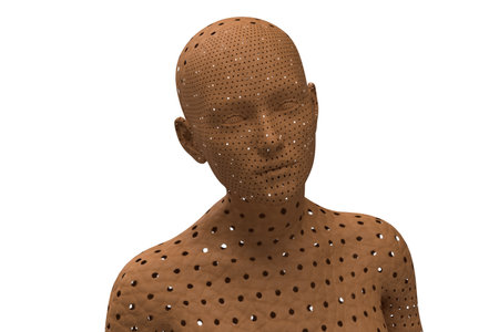 3D render portrait of a gold bald woman on a white background.の写真素材