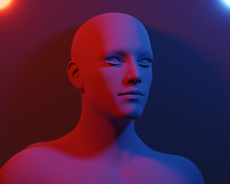 3D rendering of a portrait of a red matte bald woman on a white background.の写真素材