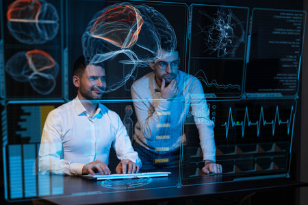 Two Caucasian bearded men are discussing medical screen of a virtual menu. Human brain research.