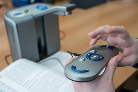 A visually impaired man uses a scanning and reading machine.