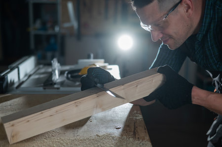 Carpenter measures a wooden board while working in a workshop.