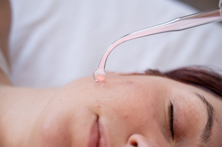 The doctor uses the darsonval apparatus against acne on the face of a female patient.