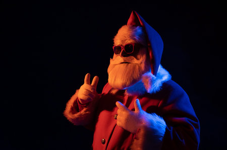 Portrait of Santa Claus in sunglasses in neon light.の写真素材