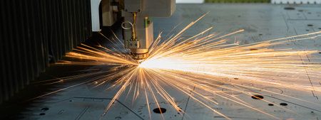 CNC machine. Laser cutting of metal. Sparks.の写真素材