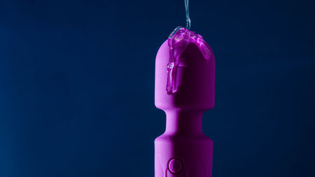 Intimate lubricant pours on a purple vibrator on a blue background. Copy space.の写真素材