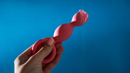 Woman pouring lubricant on pink anal beads on blue background.の写真素材