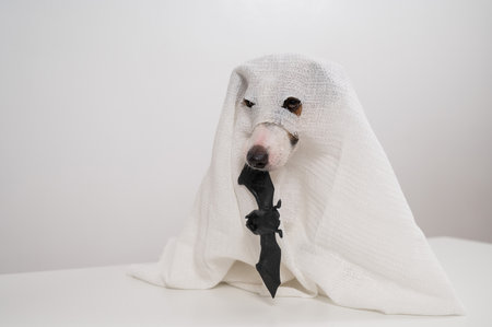 Jack Russell Terrier dog in a ghost costume holding a bat on a white background.の写真素材