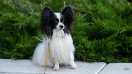 Papilion dog outdoors. Portrait of a black and white continental spaniel.の写真素材