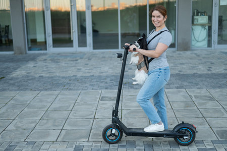 A woman rides an electric scooter with a dog in a backpack. Pappilion Spaniel Continental in a sling.の写真素材
