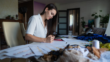 A woman draws sketches of swimwear and underwear with a pencil.
