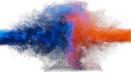 Puffs of blue and red smoke collide against a white background. 3d illustration.の写真素材