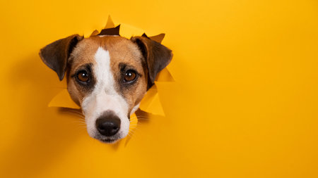 Funny dog jack russell terrier leans out of a hole in a paper orange background.の写真素材