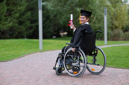 Happy caucasian woman in a wheelchair turns around and holds her diploma outdoors.の写真素材