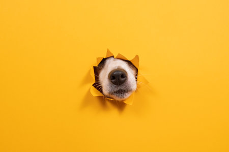 Jack Russell Terrier dog nose sticking out of torn paper orange background.の写真素材