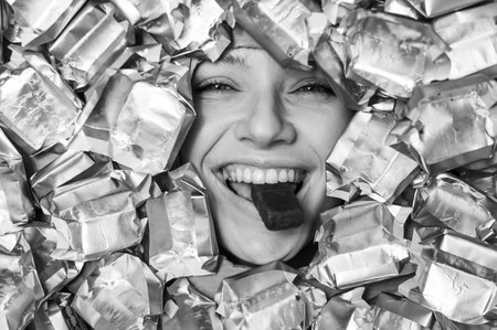 The face of a Caucasian woman surrounded by candy wrappers. The girl eats a bar of chocolate....