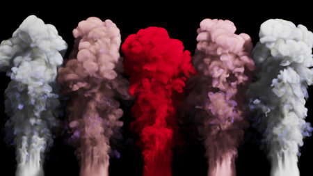Clouds of multi-colored smoke rise up on a black background. 3d illustration.の写真素材