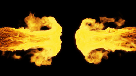 Tongues of flame from two sides on a black background. 3d illustration.の写真素材