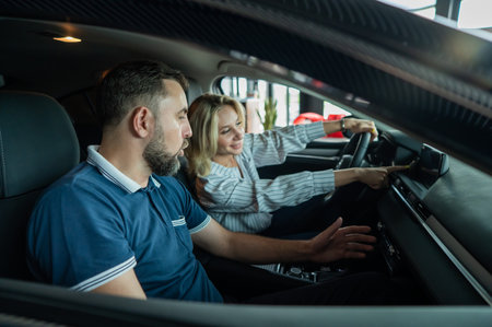 A happy caucasian couple is sitting in a new car and looking at the salon.