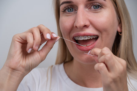 Caucasian woman cleaning her teeth with braces using dental floss.