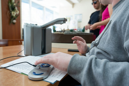 A visually impaired man uses a scanning and reading machine.