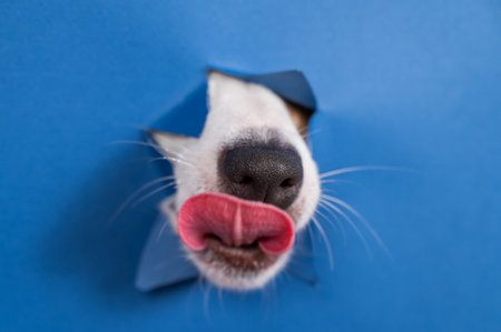 Jack russell terrier dog licks his nose and leans out of torn paper blue background.の写真素材