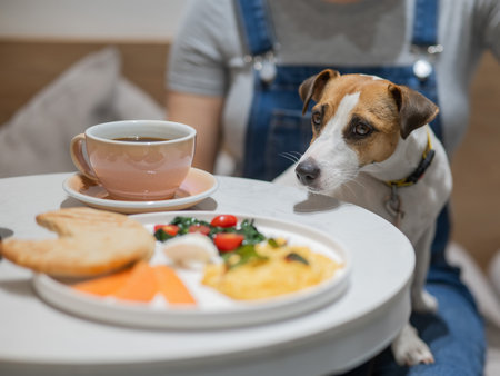 Jack Russell sits on the lap of the hostess in a cafe and looks at a plate of scrambled eggs. Woman having breakfast in a dog cafe.の写真素材