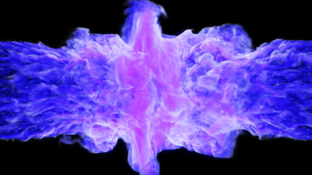 Purple flames on both sides on a black background. 3d illustration.