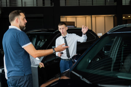 The seller demonstrates the interior of the car to buyers. Caucasian couple chooses a car.