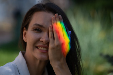 Portrait of caucasian woman with rainbow beam on her face outdoors.の写真素材