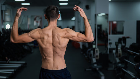 Back view of shirtless man with sculpted body in gym.