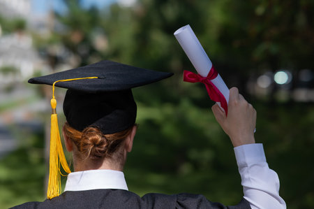 Rear view of a caucasian woman in a graduate gown holding a bundle with a diploma and standing near the university.の写真素材