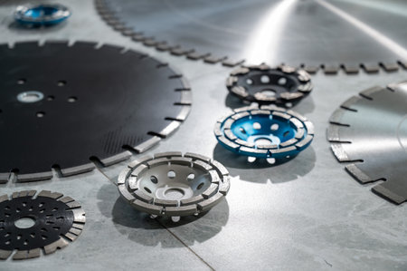 Diamond disks and bowls of different sizes and shapes lie on the table.の写真素材
