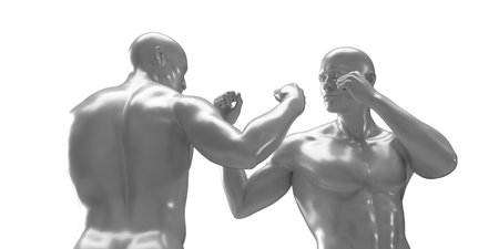 3d render of two boxing shirtless men on white background.