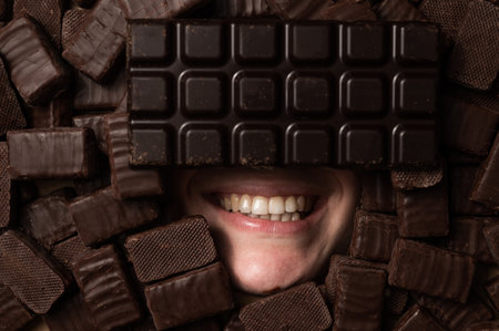 The face of a caucasian woman surrounded by sweets. Girl under a bunch of chocolates.の写真素材