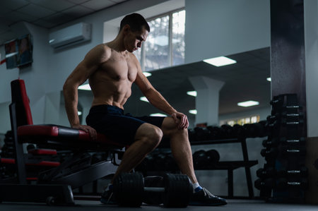 Muscular shirtless man sitting on a bench and resting after a workout.の写真素材