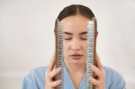 Asian woman holding sadhu boards on face background.の写真素材