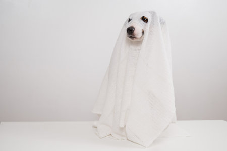 Dog Jack Russell Terrier in a ghost costume on a white background.の写真素材