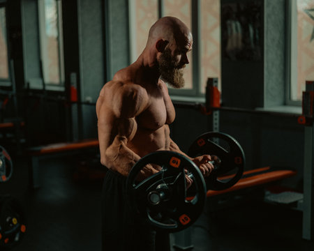 Caucasian bald topless man doing an exercise with a barbell in the gym. Bicep curls with weightsの写真素材