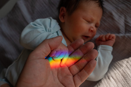 A man holds his newborn sons hand. Beam of light through a prism