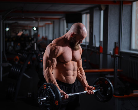 Caucasian bald topless man doing an exercise with a barbell in the gym. Bicep curls with weightsの写真素材