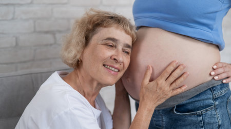 An elderly woman leans against the belly of her pregnant daughter. Close-upの写真素材