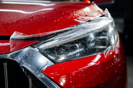 Close-up of a red car headlight with vinyl wrapの写真素材